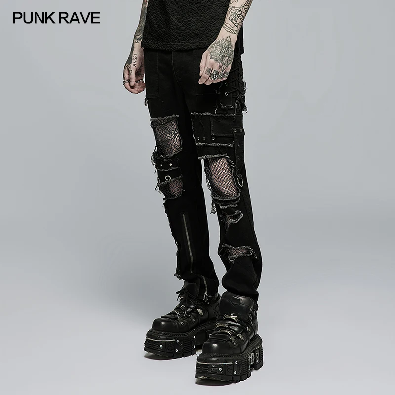 PUNK RAVE New Men\'s Punk Rock Broken Hole Net Black Long  Trousers Gothic Casual Male Motocycle Cotton Denim Pants Visual Kei