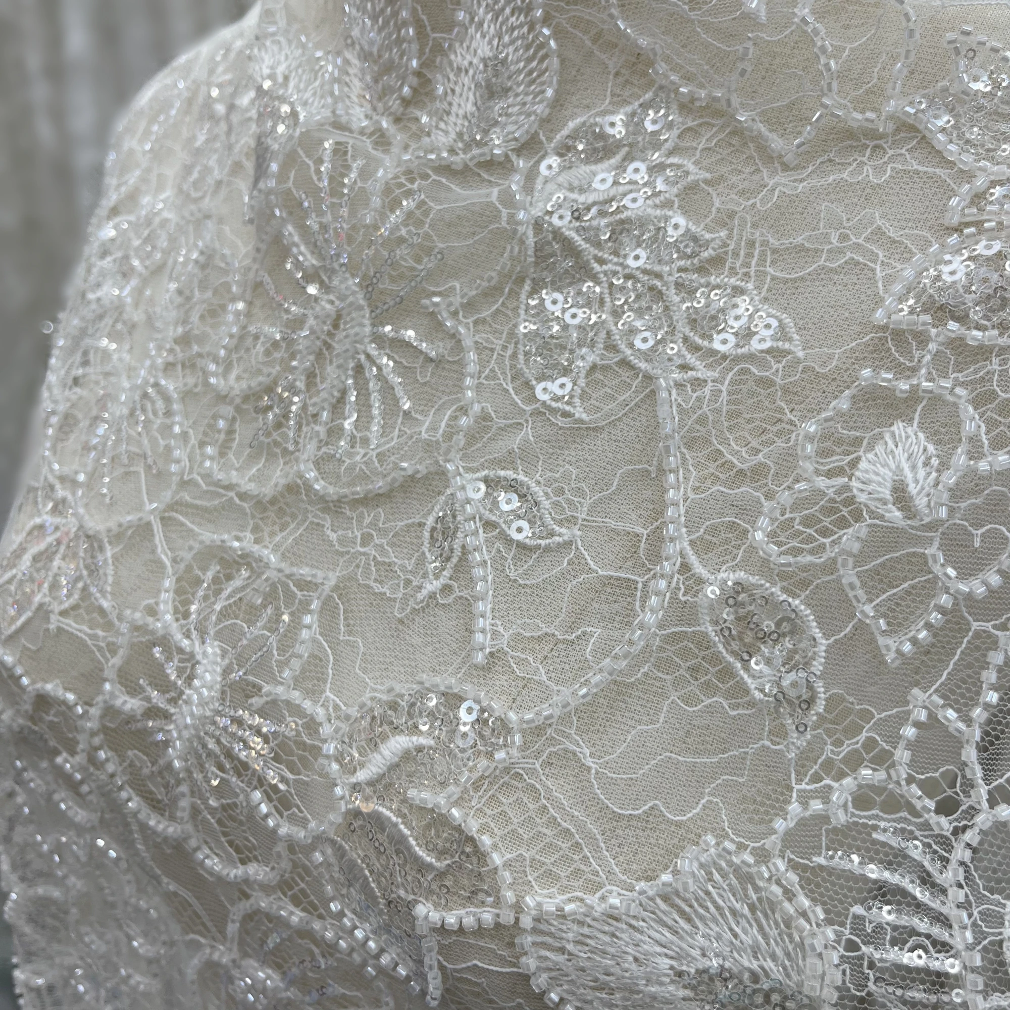 New French Lace Sequins Beads Embroidery High-Grade Wedding Dress Private Custom Lace Fabrics