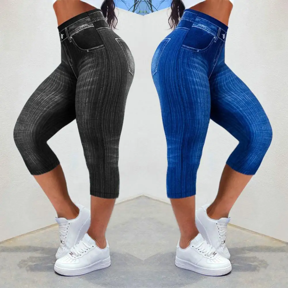 Calça jeans feminina recortada do falso denim, calça fitness stretch, bolsos falsos, levantador de bumbum de cintura alta, calça lápis macia, casual