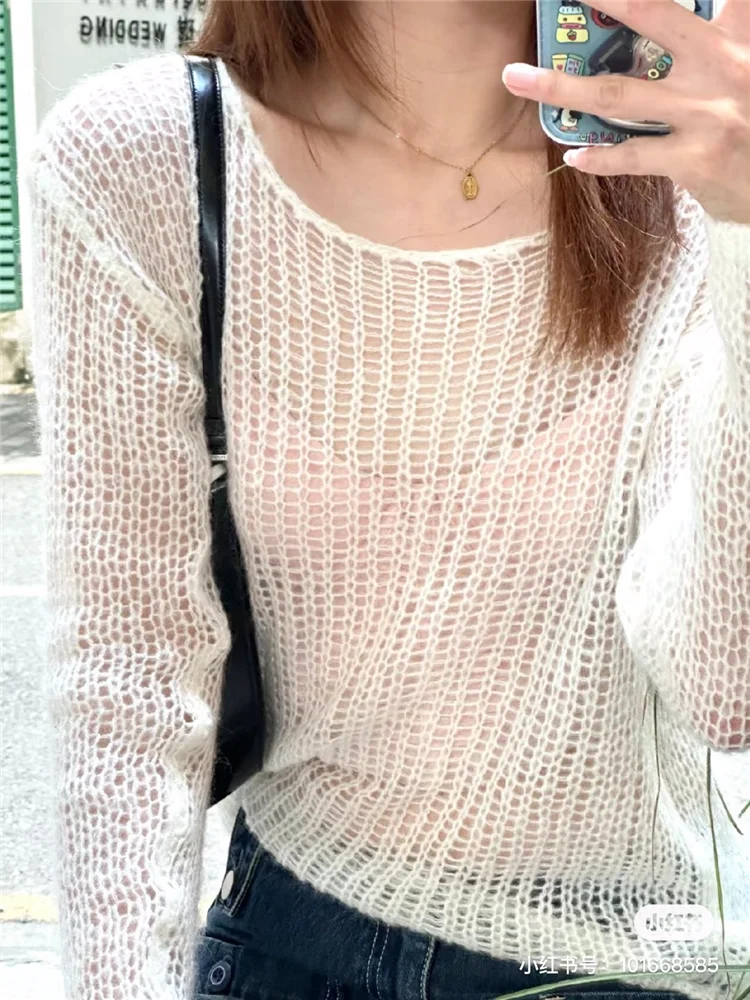 Elegant Women Solid O-Neck See-Through Sweaters 2023 Autumn Sexy Long Sleeve Sweaters Chic Female Fashion Soft Loose Knitwears