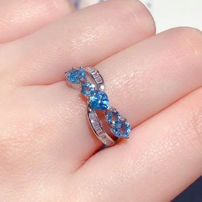 Genuine 4mm Heart 3mm Round Swiss Blue Topaz Ring 925 Sterling Silver, Crossover Twisted Design Blue Gemstone Ring
