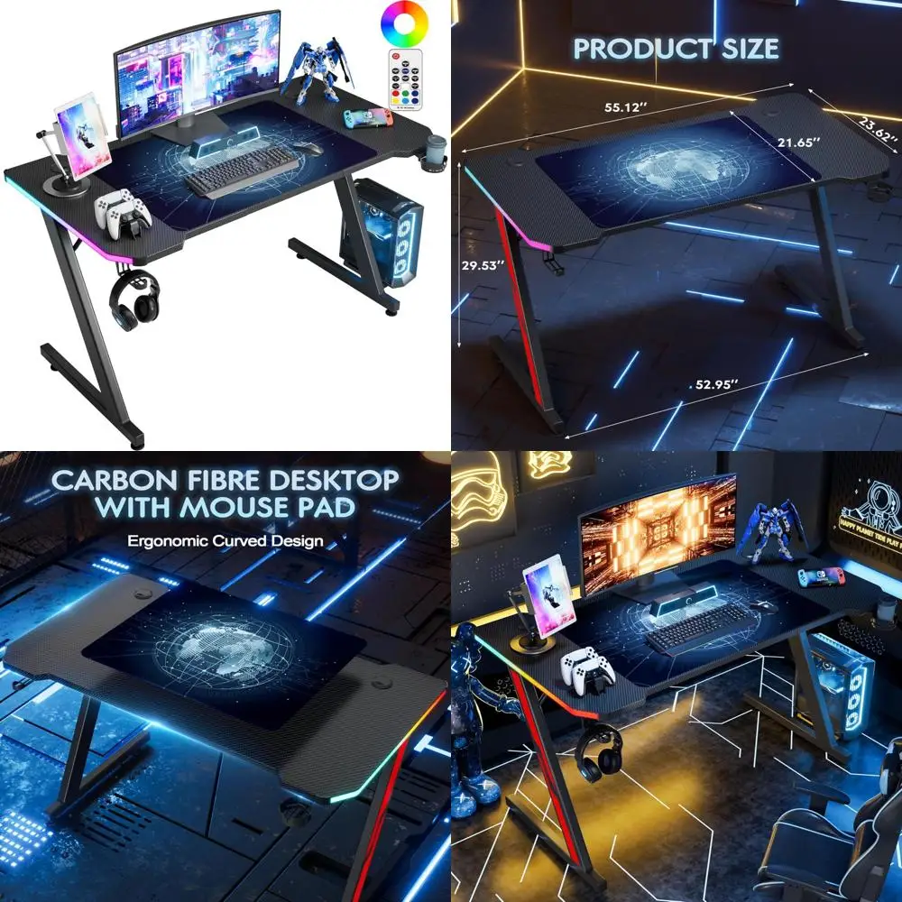 

Carbon Fiber Gaming Desk, Z-Shaped PC Home Office Desk with Cup Holder and Headphone Hook, 55 Inches