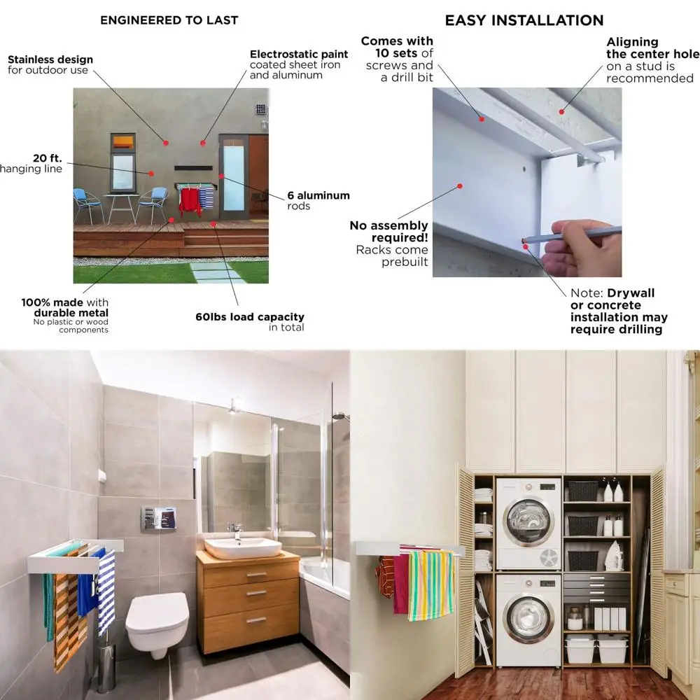 

Настенная выдвижная сушилка, 60 фунтов, 20 футов, белая, с шаблоном и отверткой