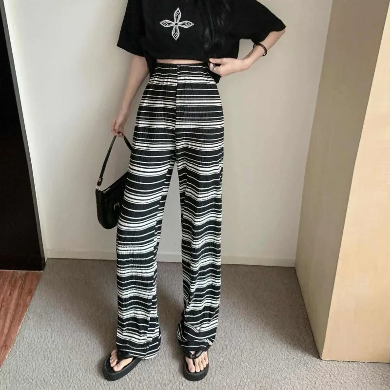 

Women's Summer Young Style Elastic High-waisted Contrast Color Striped Folds Casual Wide Leg Loose Straight Floor Length Pants