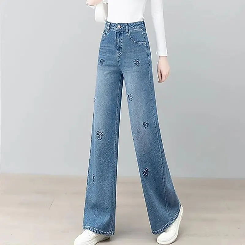 Cintura alta quente diamante jeans verão retro arco bordado perna reta calças jeans 2025 casual azul pernas largas