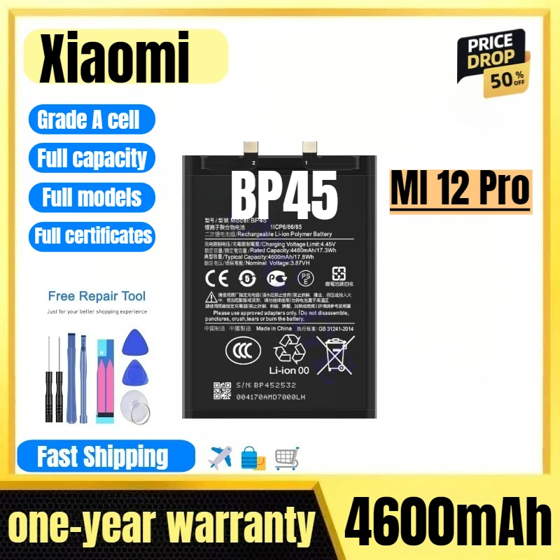 

BP45 for Xiaomi MI 12 Pro Mobile Phone Battery High Quality High Capacity Replacement Bateria Grade A Cell with Tools