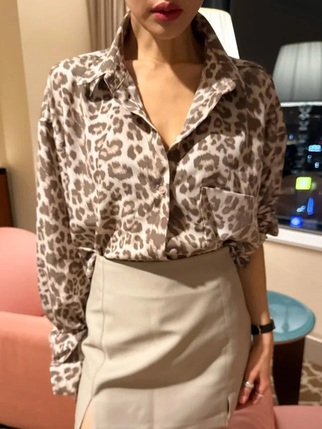 Chic vintage colletto alla coreana lungo Sve stampa leopardata chiffon sciolto da donna irt versatile design primaverile Faion a bottone singolo