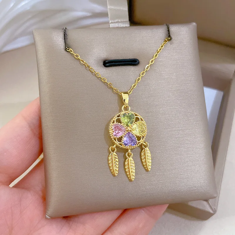 القلائد الملونة الزركون البرسيم زاك للنساء الفتيات محظوظ الفولاذ المقاوم للصدأ سلسلة قلادة مجوهرات اكسسوارات هدايا