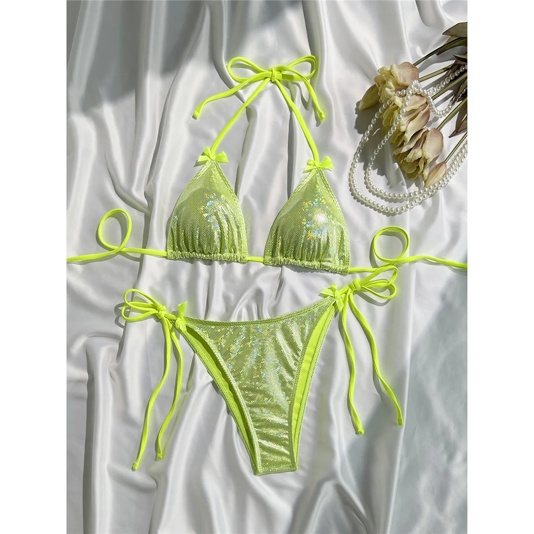 Glitzernder, funkelnder Neckholder-Bikini, Damen-Badebekleidung, zweiteiliger Bikini-Set, Badeanzug mit hohem Beinausschnitt, Badeanzug, Schwimmanzug V7269 – Detail 16