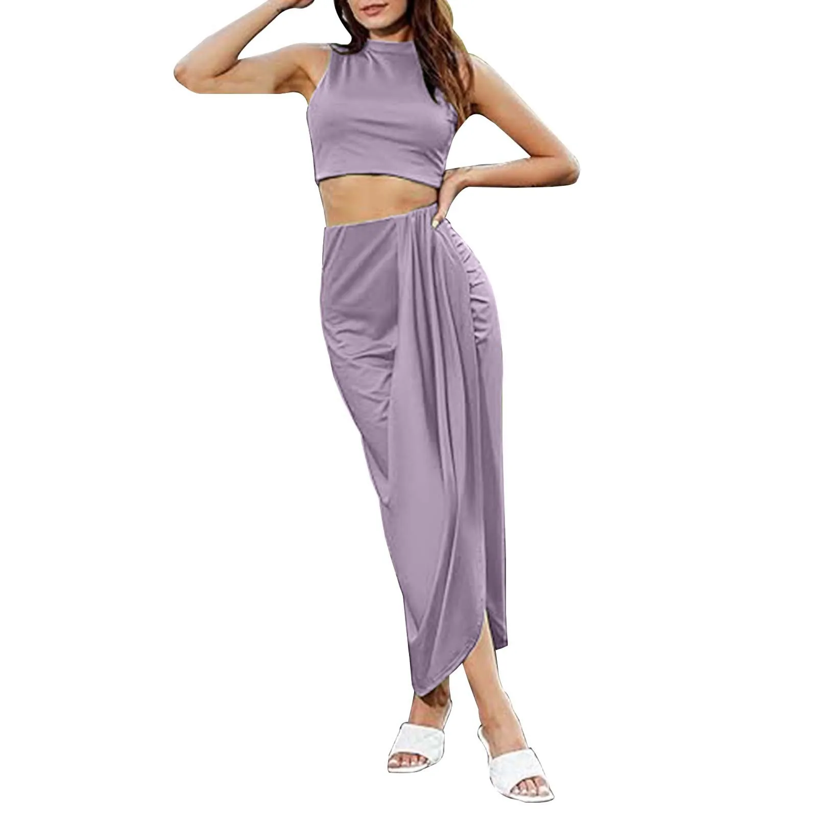 

Women Sexy Solid Color Short Vest Pleated Slit Skirt Two Piece Set Women Skirts