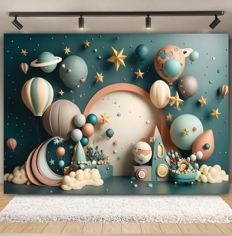 Outer Space Universe Balloons Photography Backdrop Astronaut Planet Boy Girl Baby 1st Birthday Party Cake Smash Photo Background