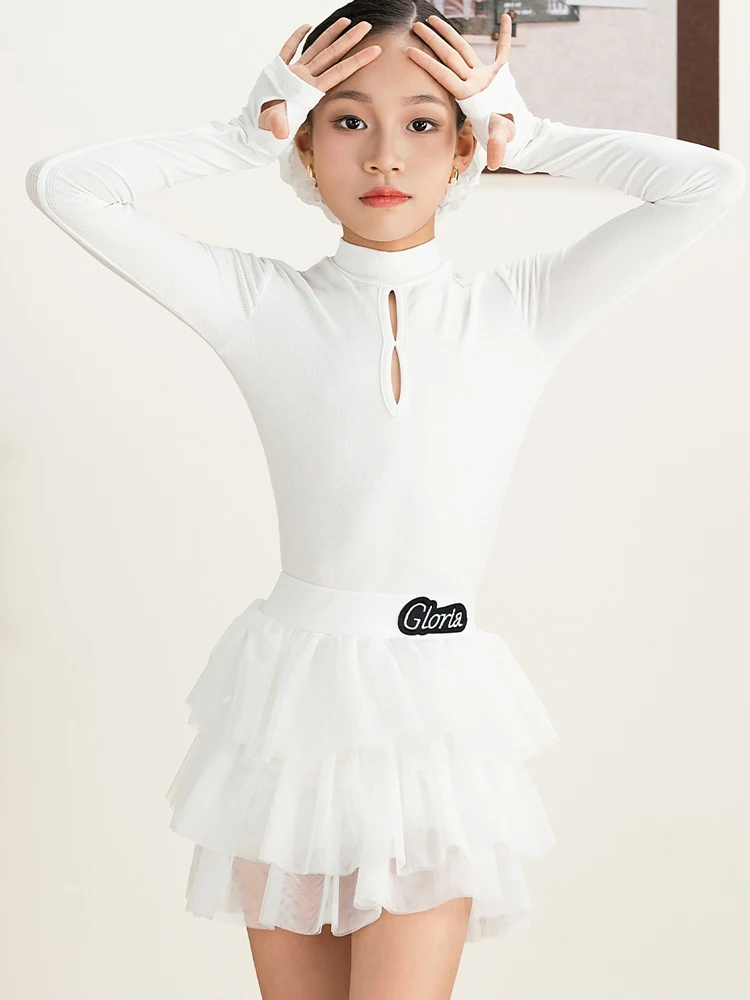 2025 Kinderen Latin Dansvoorstelling Kostuums Voor Meisjes Lange Mouwen Split Rokken Oefenpak Samba Chacha Latin Wear XH3405