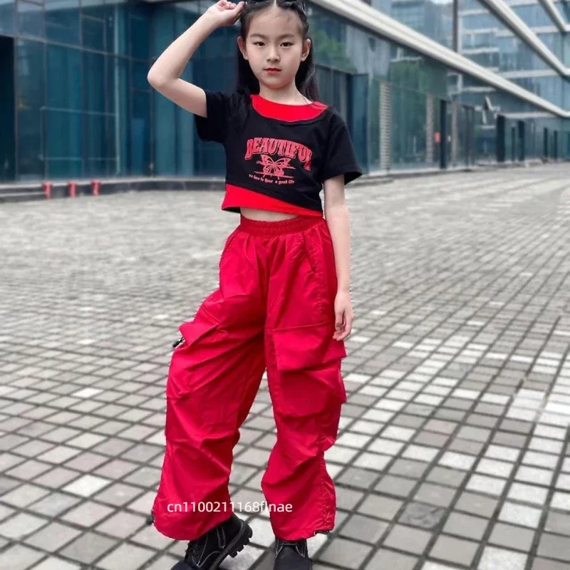 Kinder Jazz Hip Hop Tanzkostüm-Set, Mädchen Ärmelloses Crop-Top mit freiem Nabel, Haremshose, Kinder Bühnenauftritt Street Dance – Detail 2