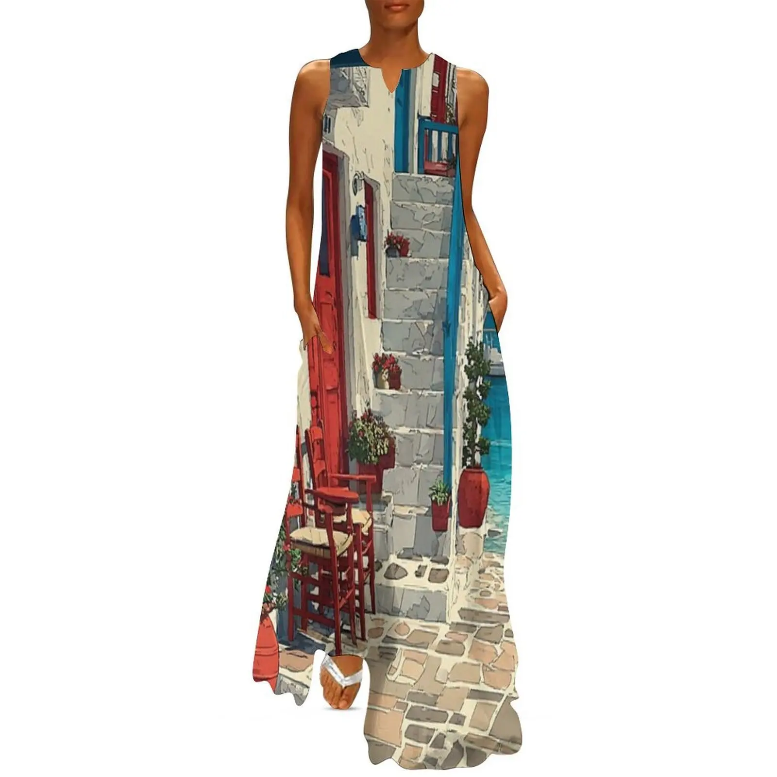 

Mykonos Poster – Greek Island Beauty in Retro Seaside Style Long Dress party dresses woman Women's summer dress