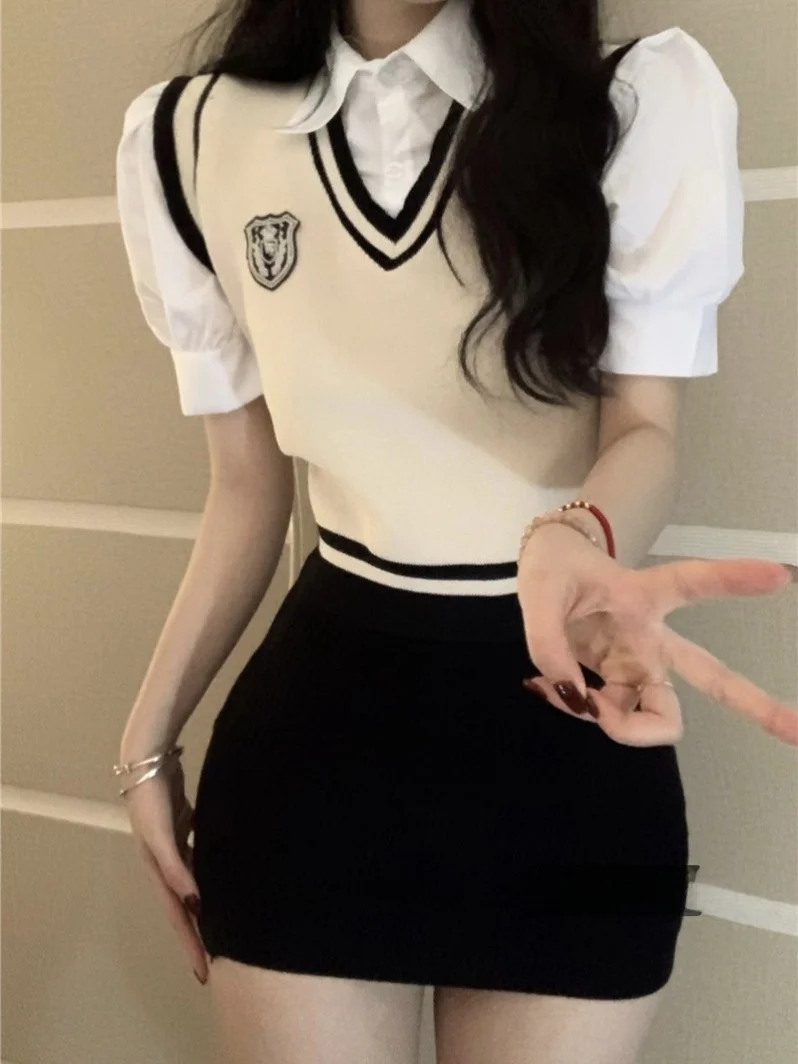 Chic Preppy Sle Gestrickte Ne ort irt Weste Gefälschte Zwei-Stück Frauen Faion Herbst Exklusive Kleine Top Koreanische Version...