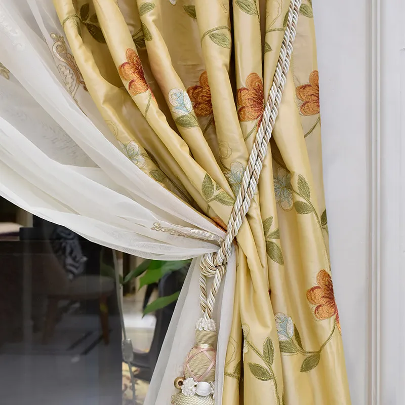 Chinese Style Yellow Embroidered Thickened Glossy Curtains for Living Rooms Bedrooms Villas Custom Embroidered Window Screens