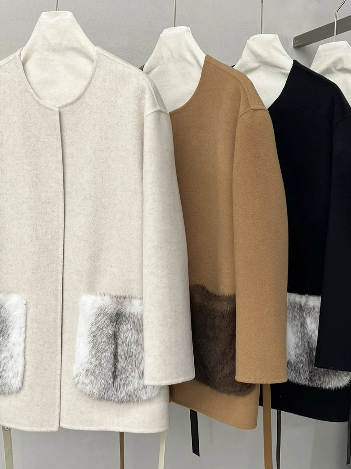 秋冬高級コート 秋冬新作 ブルーミンク ミンクファー襟付き カシミヤウールコート レディース