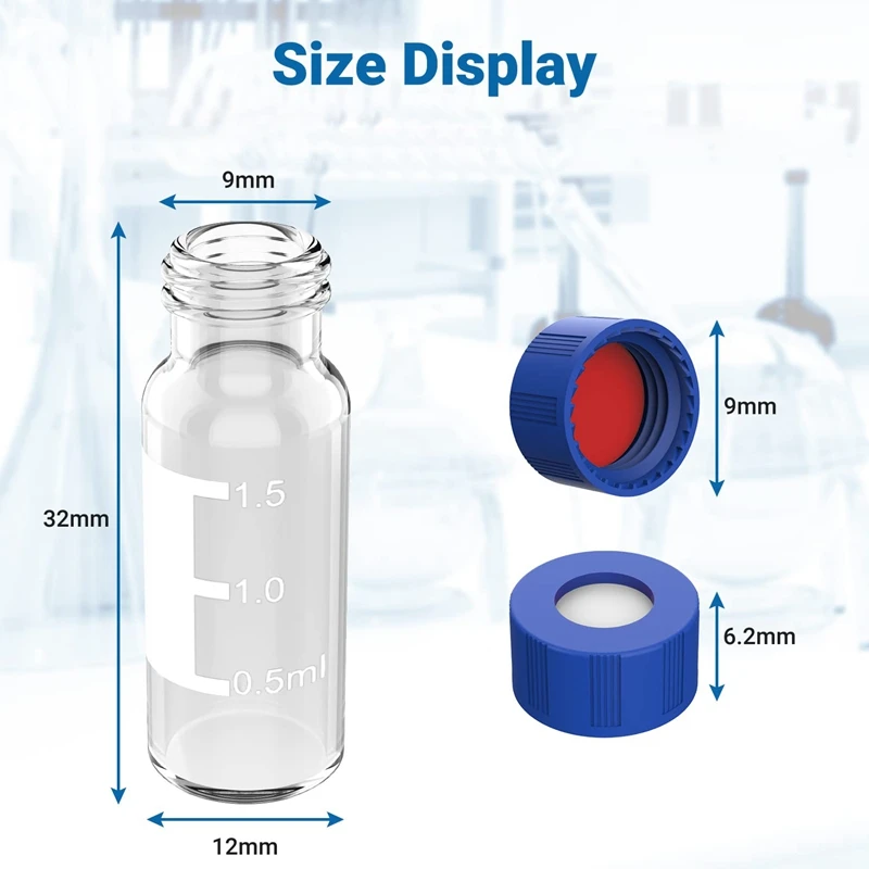 ●2ML Autosampler Vials Pack Of 100 - HPLC Vials 9-425 Clear Vials with Blue Screw Caps,Red White Septa