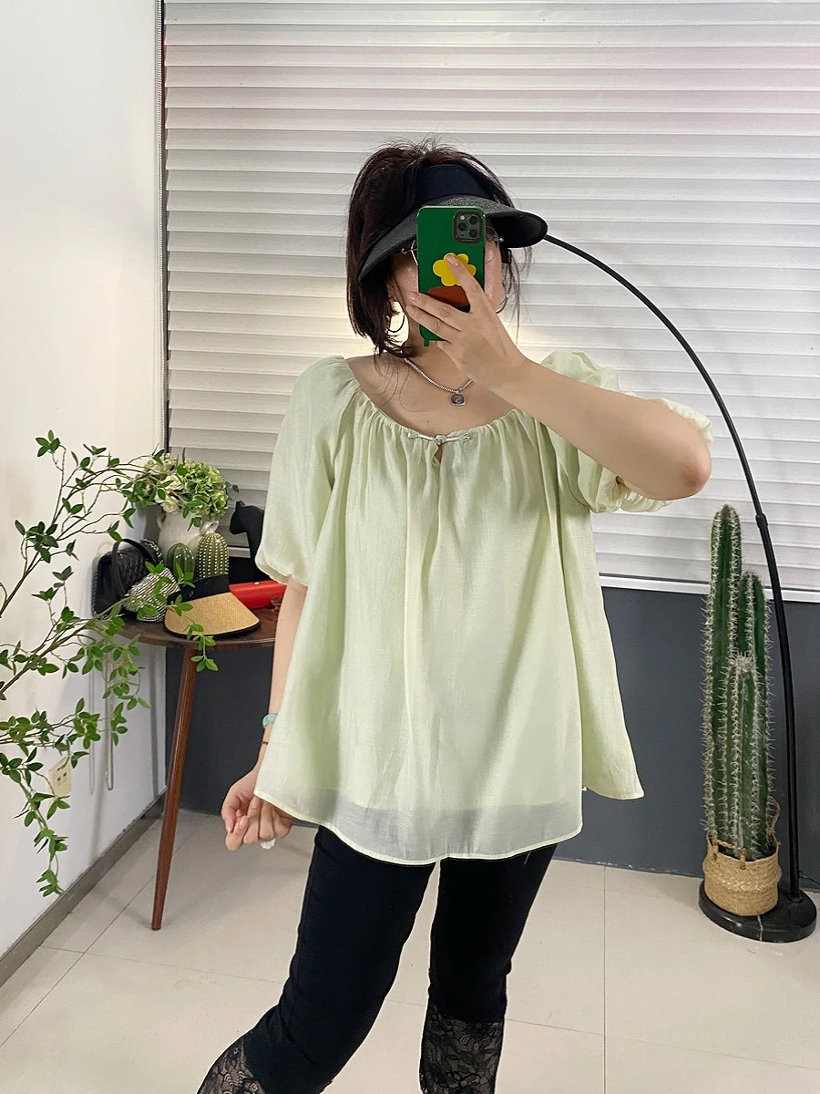 Loose ort Sve Women's T-irt Bubble Sve Chiffon Top Princ Sle Sweet Wind Button Design Cover Belly Slimming Dol...