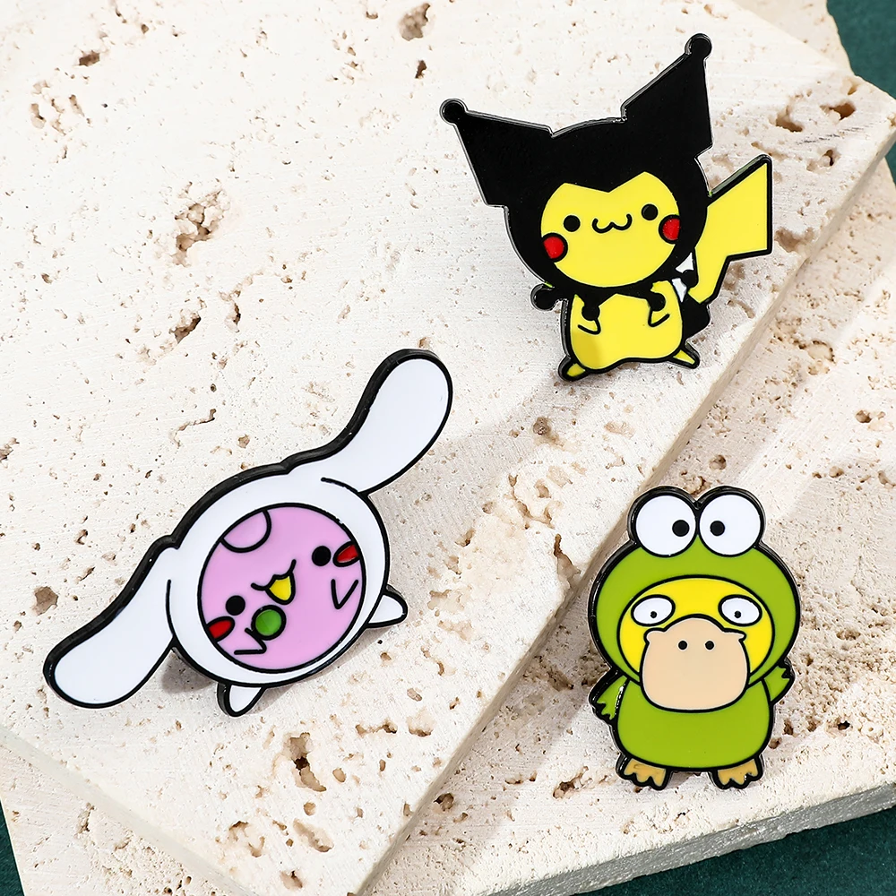 Anime Pokemon And Sanrio Joint Name Creativity Cosplay Figure Brooch Kuromi Pikachu Cinnamoroll Gengar Funny Metal Badge Jewelry