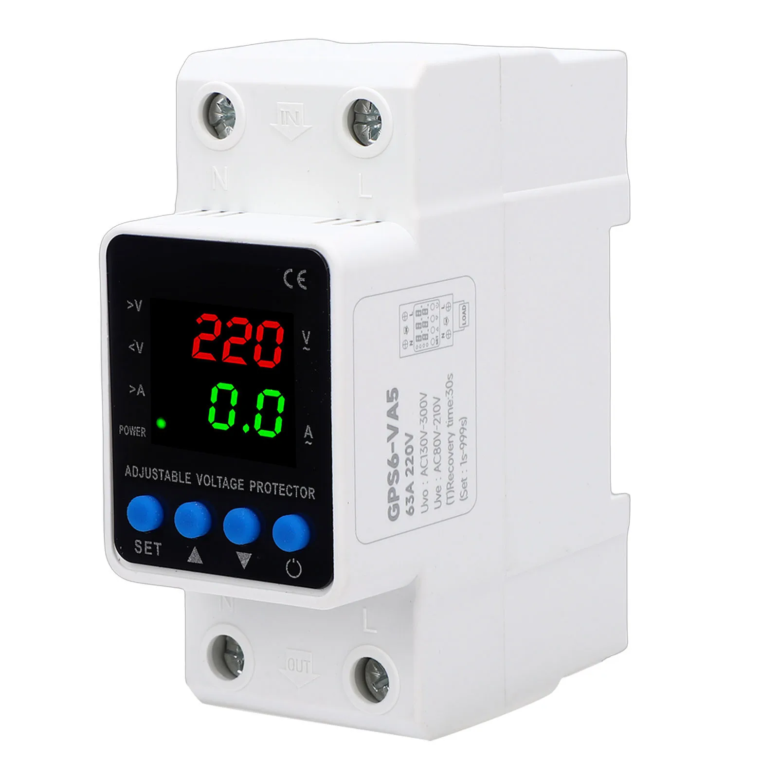 2P 63A Adjustable Voltage Protector Digital Display Over Under Voltage Current Protective Device Automatic Reset