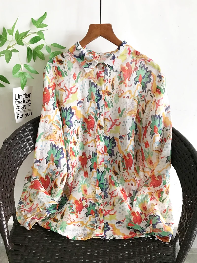 

Pure ramie linen woman clothing ethnic print shirts and blouses for women original design long sleeve tops Hawaiian shirts