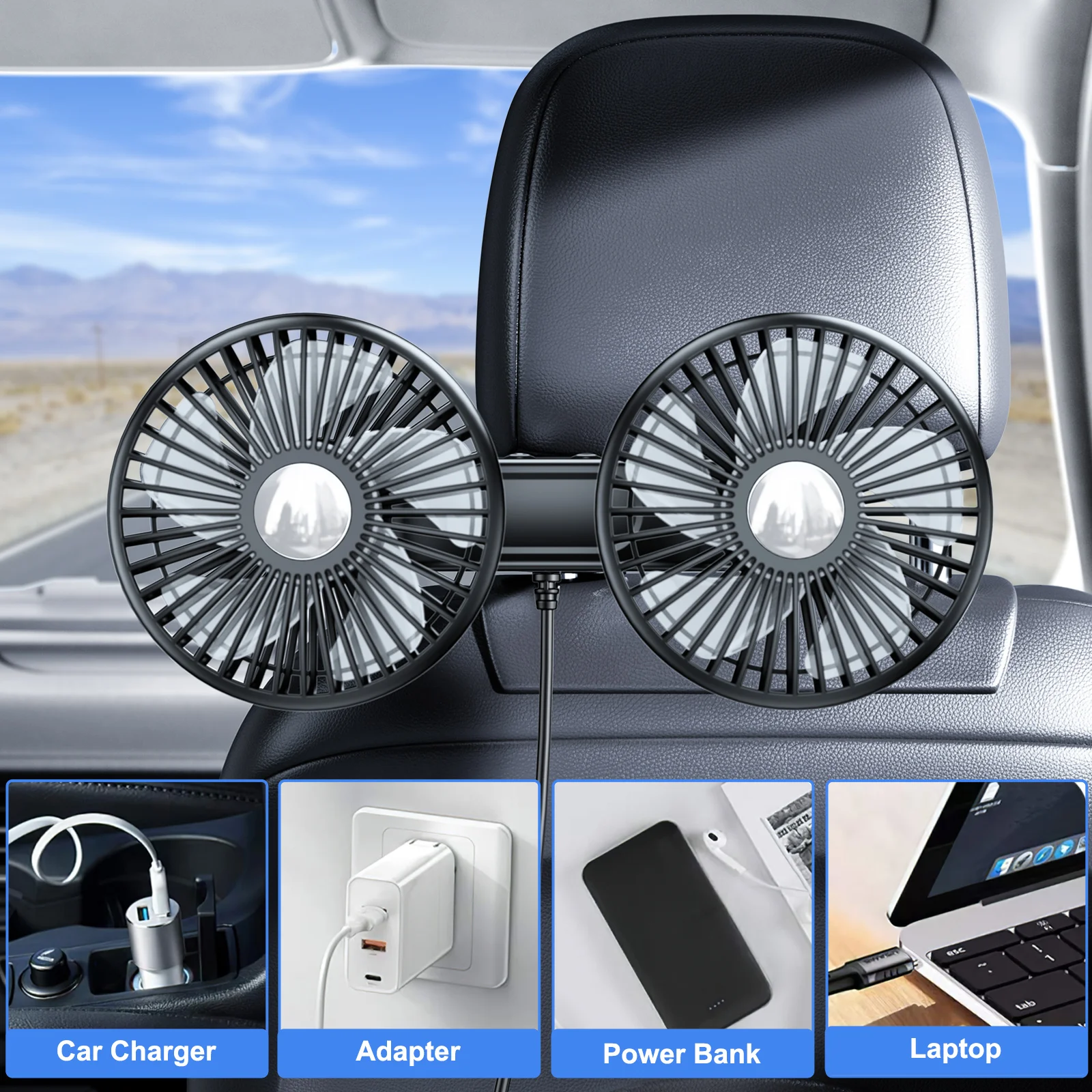 Hipacool Car Backseat Fan Dual Head Cooling Fan Summer Car Accessories 360° Rotation Neck Cooler Car Air Condition Cold Fan