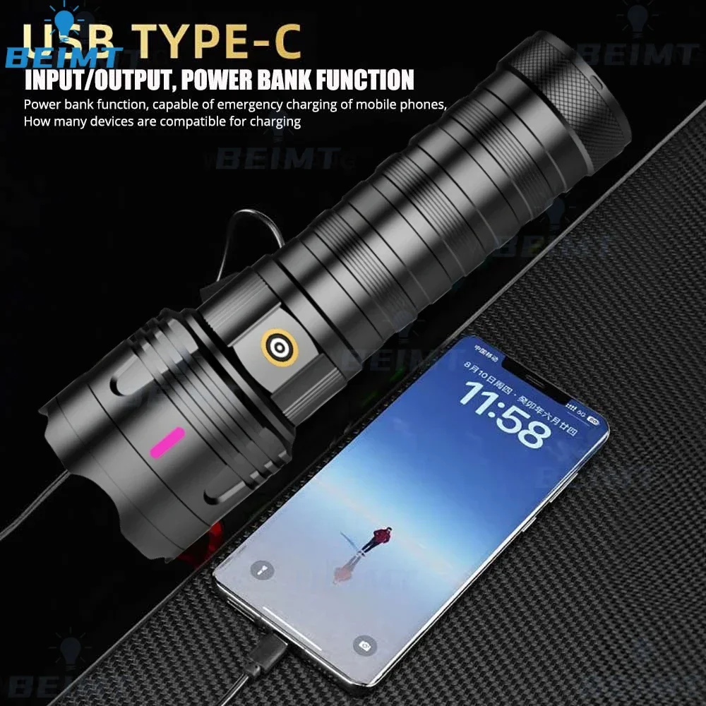 Super Bright Whtie Laser LED Zoomable Flashlight Type-C Charging Tactical Torch Multi Functional Outdoor Hiking Camping Handlamp