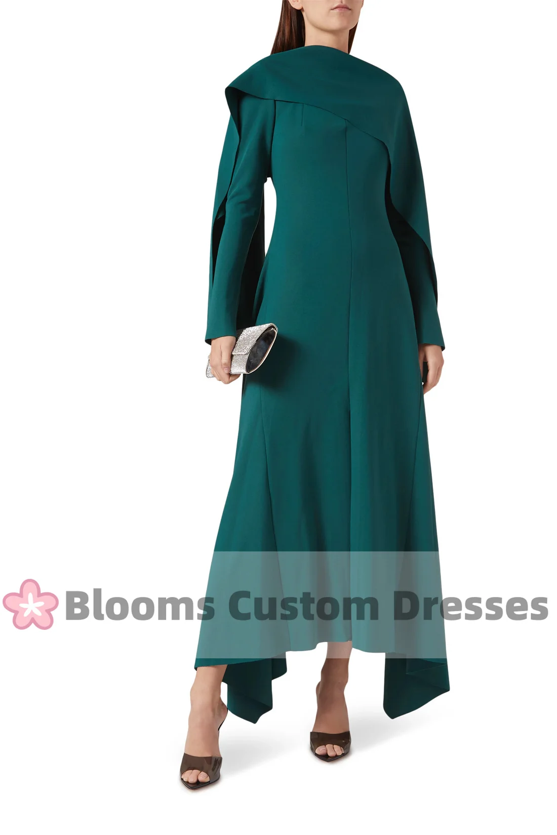 Blooms Customized Long Sleeves Evening Dresses Ankle-Length Formal Party Gown Chic Peacock Green Blue Wedding Prom Dress