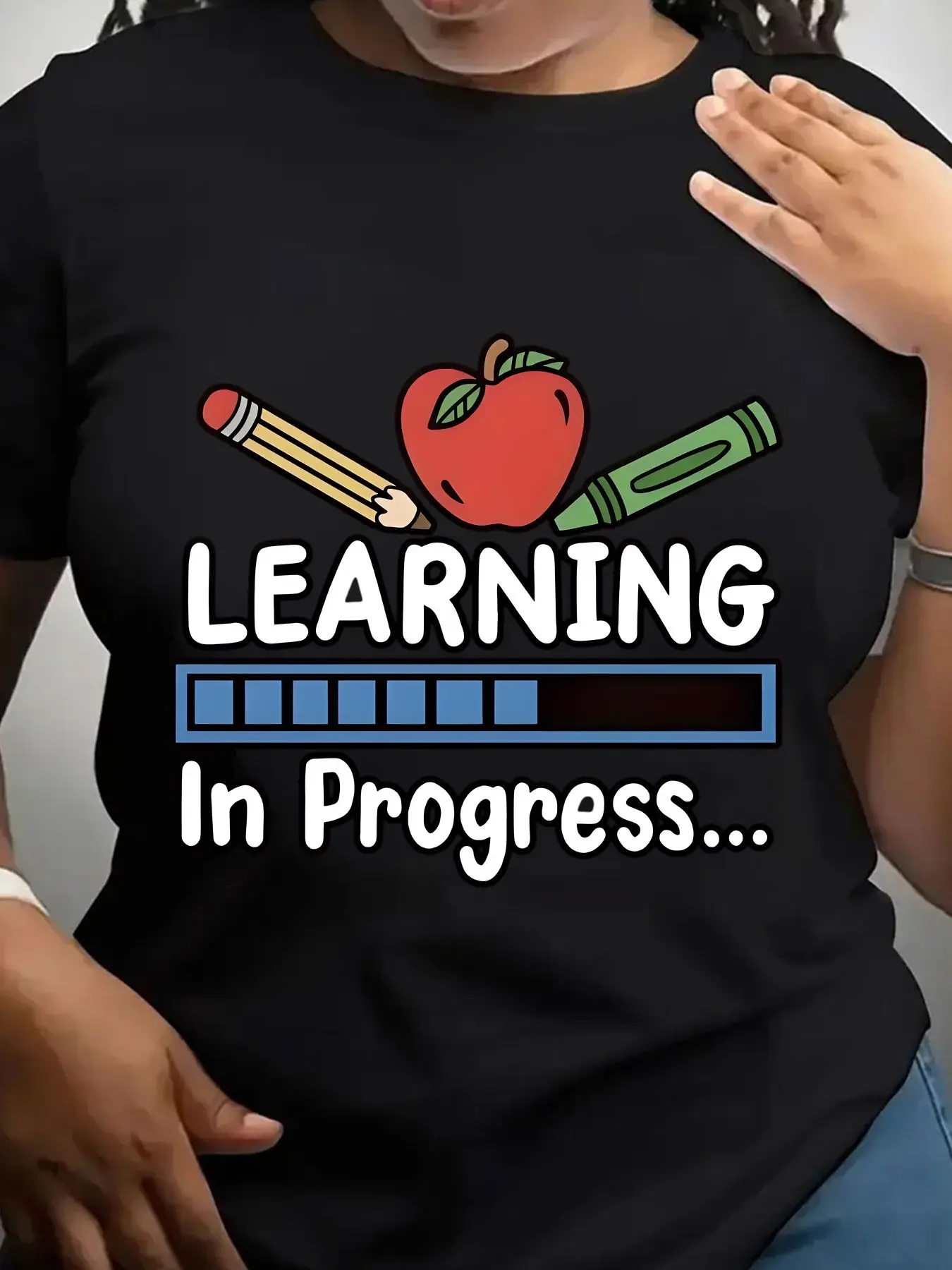 Women's Trendy Crew Neck T-Shirt Learning in Progress Apple Pencil Suitable for Casual Sportswear