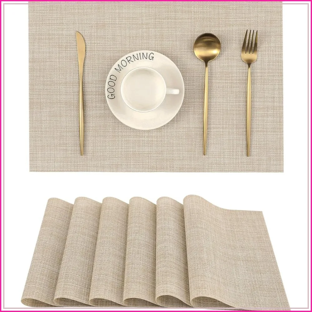 Beige Placemats Set of 6 - Heat-Resistant, Non-Slip, Washable Woven Vinyl for Indoor & Outdoor Dining
