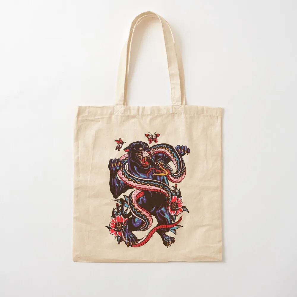 Traditional Black Panther Fighting Snake Tattoo Tote Bag tote bag canvas Shopper handbag women bag