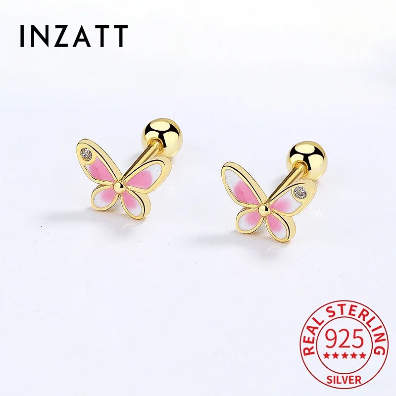 INZATT Real 925 Sterling Silver Zircon 7MM Butterfly Screw Bead Stud Earrings For Women Cute Fine Jewelry Minimalist Accessories