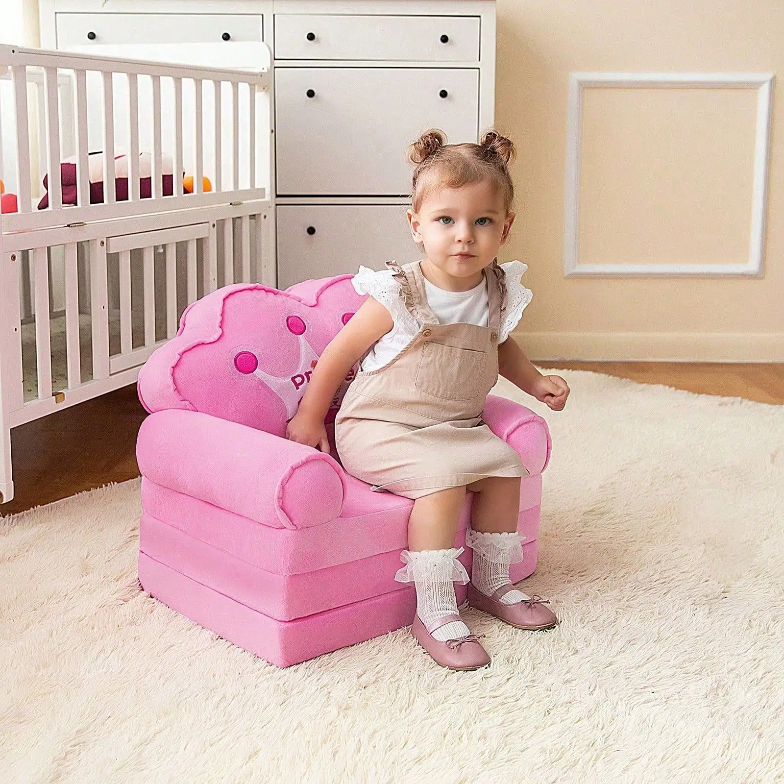 1PC 2-In-1 Kids Foldable Sofa Bed & Toddler Couch - Pink Princess Cartoon Fold Out Lounge Chair, Comfy Crystal Velvet & High Density Foam, Gift For Girls 18 Months+/Ages 1-5, For Bedroom & Playroom, 15.1x19.7x2.4 Inches, 4.4 Lbs