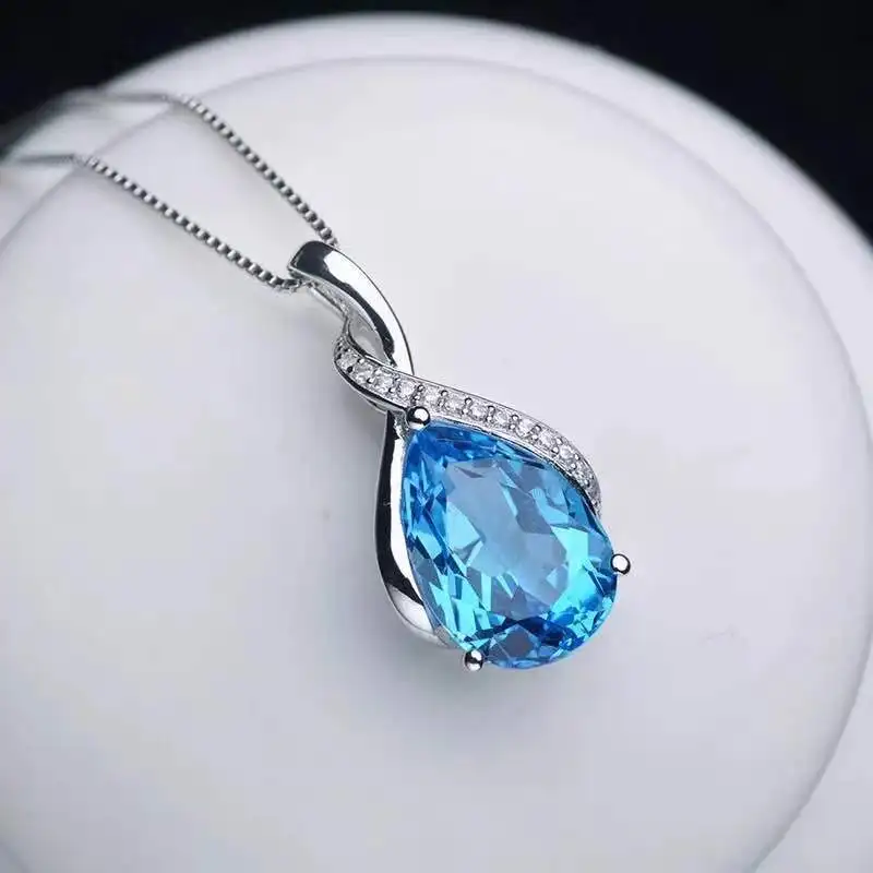 Buyee 925 Sterling Silver Amethyst Pendant Chain Light Blue Stone Necklace for Woman Classic Family Party Fine Jewelry Chain