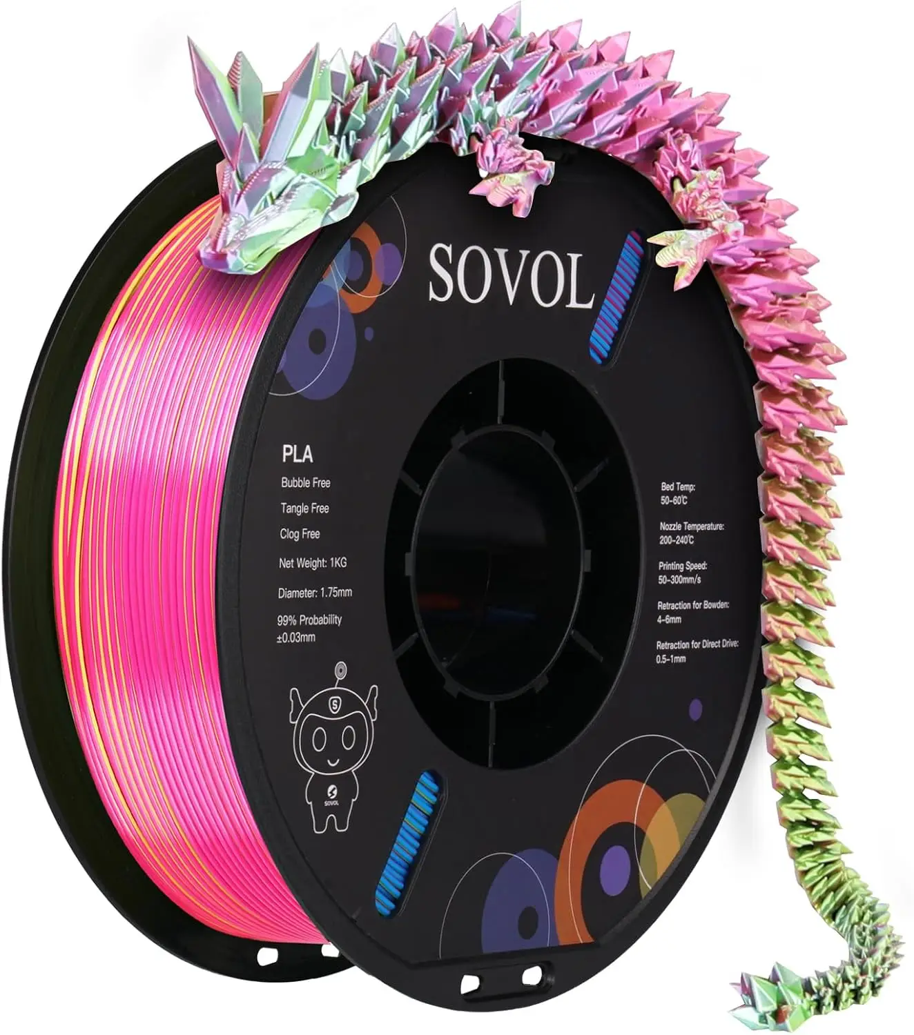 

Silk Tri-Color Co-Extrusion PLA Filament 1.75mm, 1kg/2.2lbs, Shiny Rose Blue Yellow 3-in-1, +/-0.03mm