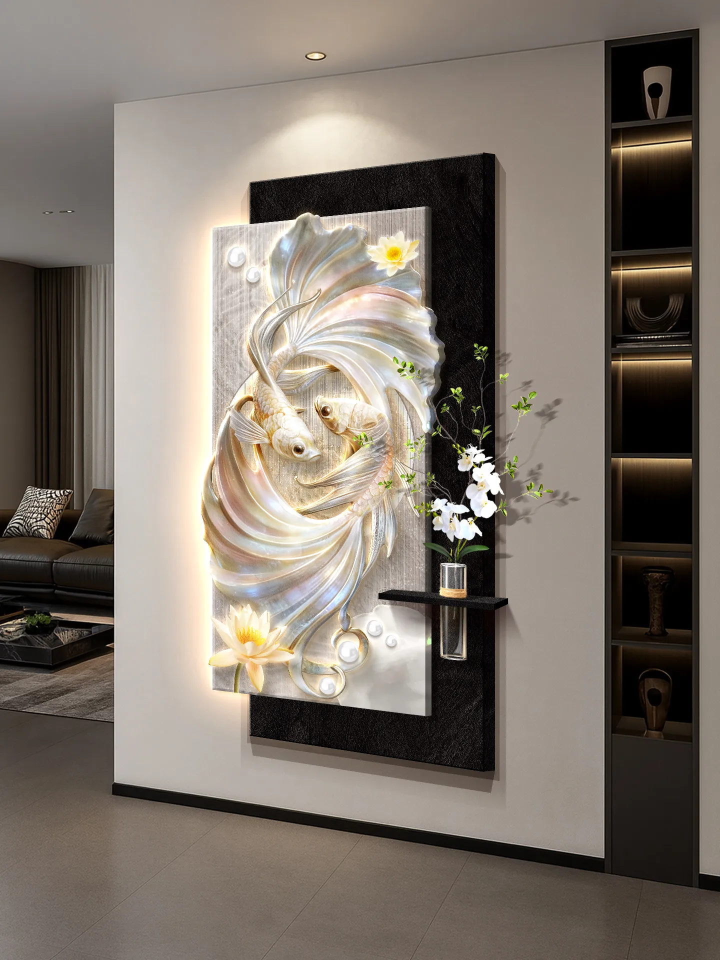 2026 New Koi Fish Entrance Decorative Painting with Good Omens, Door-Facing Entrance Hall Wall Art with Lights for Corridors and