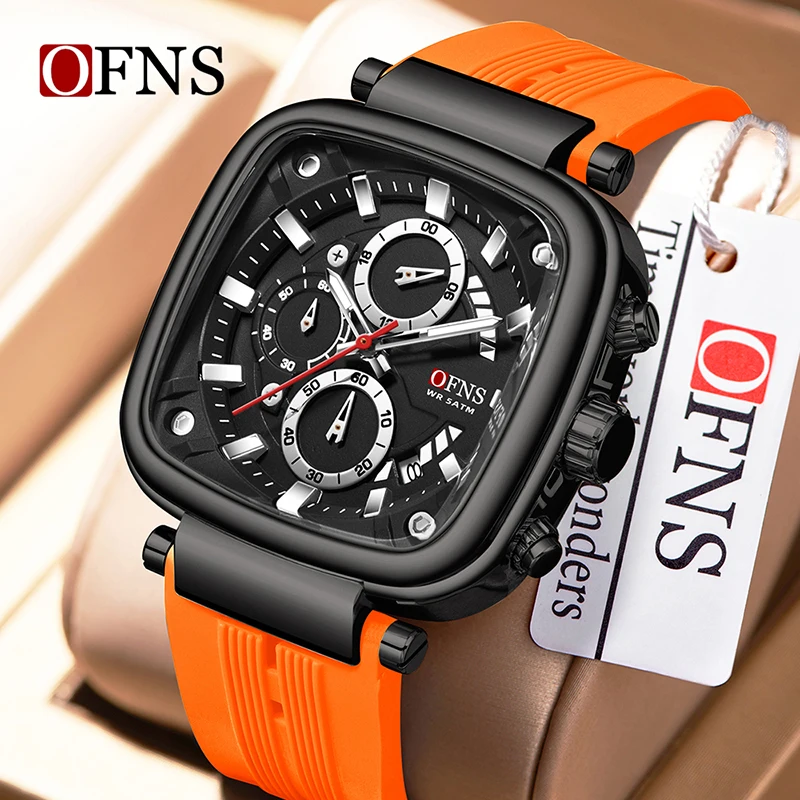 OFNS 1208 Square Waterproof Sports Quartz Watch Luminous Silicone Strap Three Eye Six Needle Watch Timing Leisure Watch Men