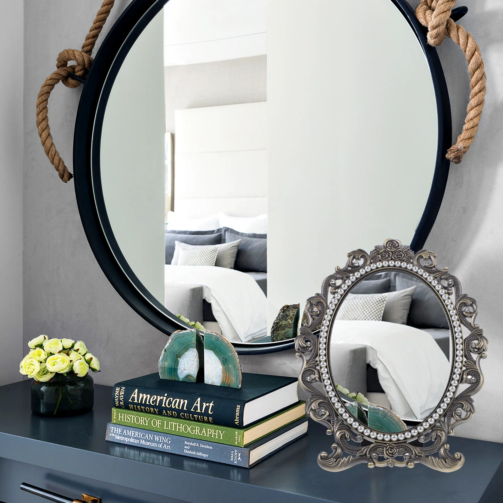 

Classic Pearl Makeup Mirror Standing Desktop Vanity Mirror High Definition Clear Surface Durable Stable Base Elegant