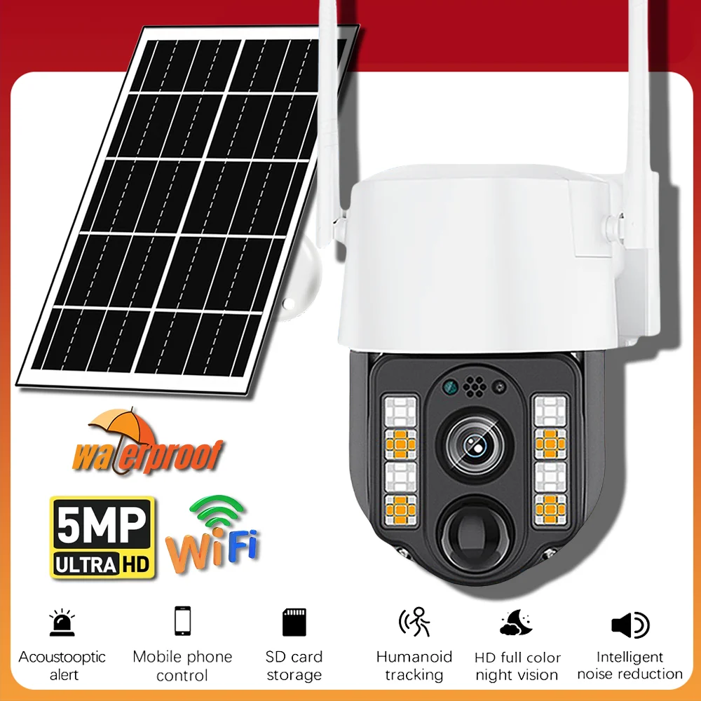 

5MP WiFi Solar Battery Camera PTZ Outdoor PIR Human Detection Color Night Vision Wireless Security Surveillance Cameras V380 Pro