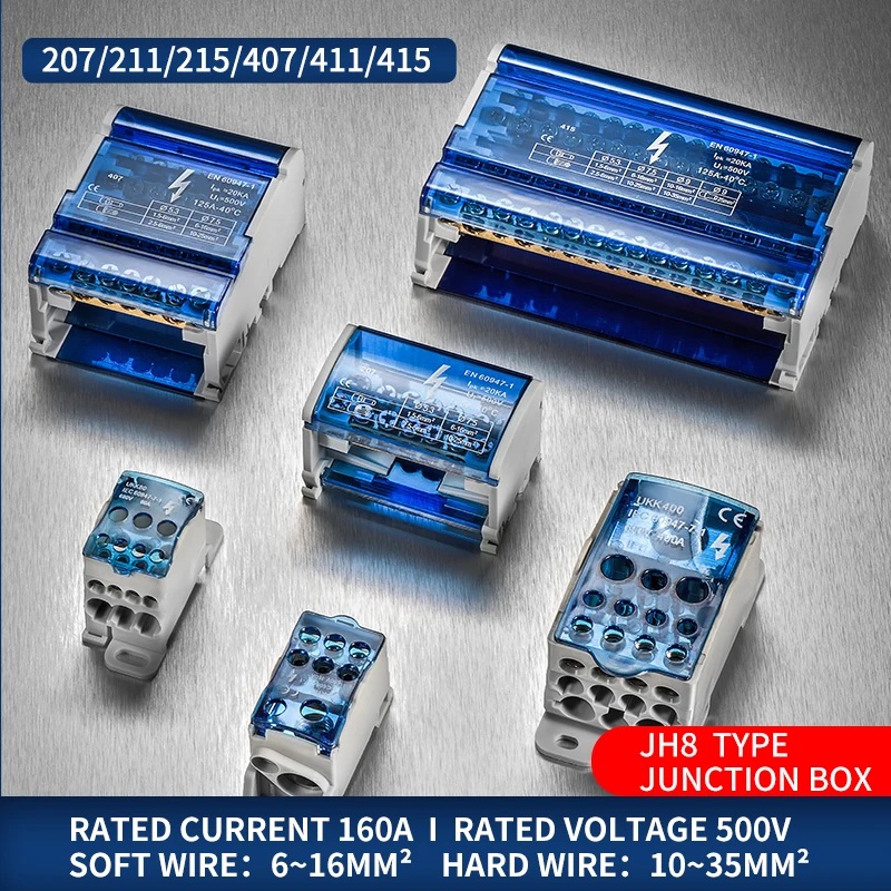 

JINH JH8 Din Rail Terminal Block 207/211/215/407/411/415/2X7/4X7 Bar Distribution Block Screw Electric Wire Power Junction Box