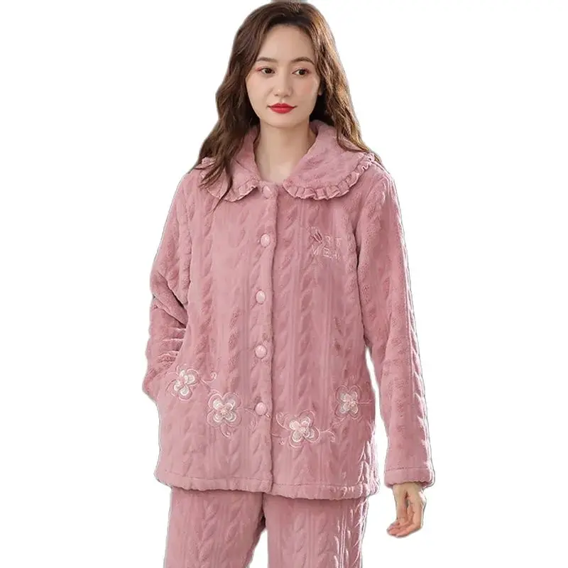 Two-piece coral Fleece Pajamas Women\'s 2022 Autumn Winter Loose Flannel Cardigan Homewear Warm Thicken Female Casual Pajamas Set