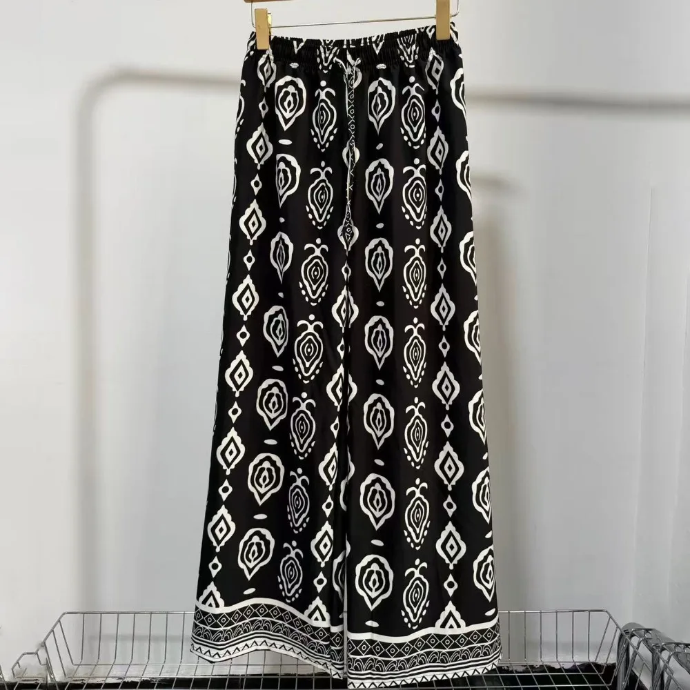 Ethnic Style Boho Printed Long Pants Bkack White Thin Baggy Pants Drooping Sensation Loose Women's Wide Leg Trousers For Women