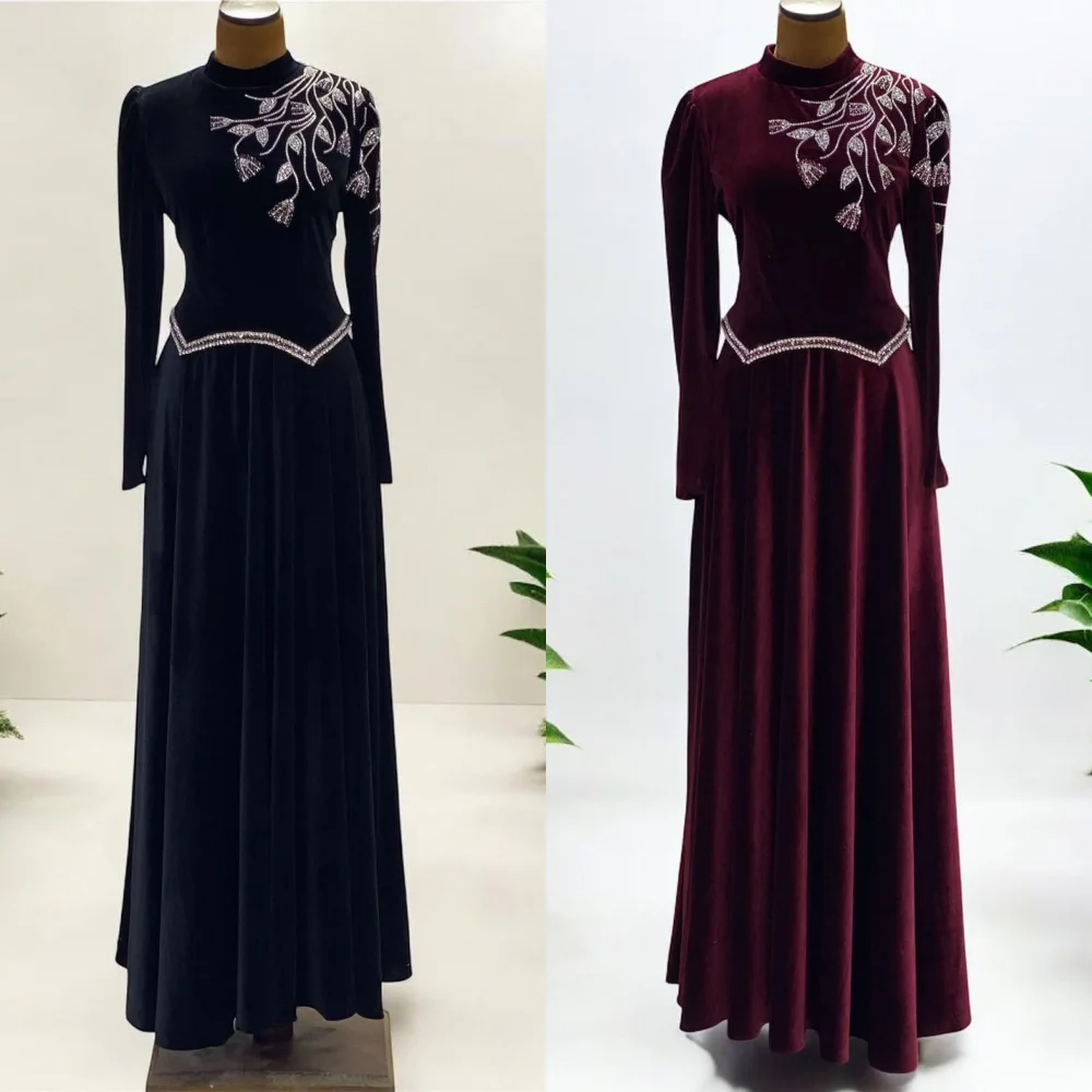 

Customized Sexy Velour Pleat Sequined A-line Jewel Long Dresses Bespoke Occasion Homecoming Classic Chinese Style