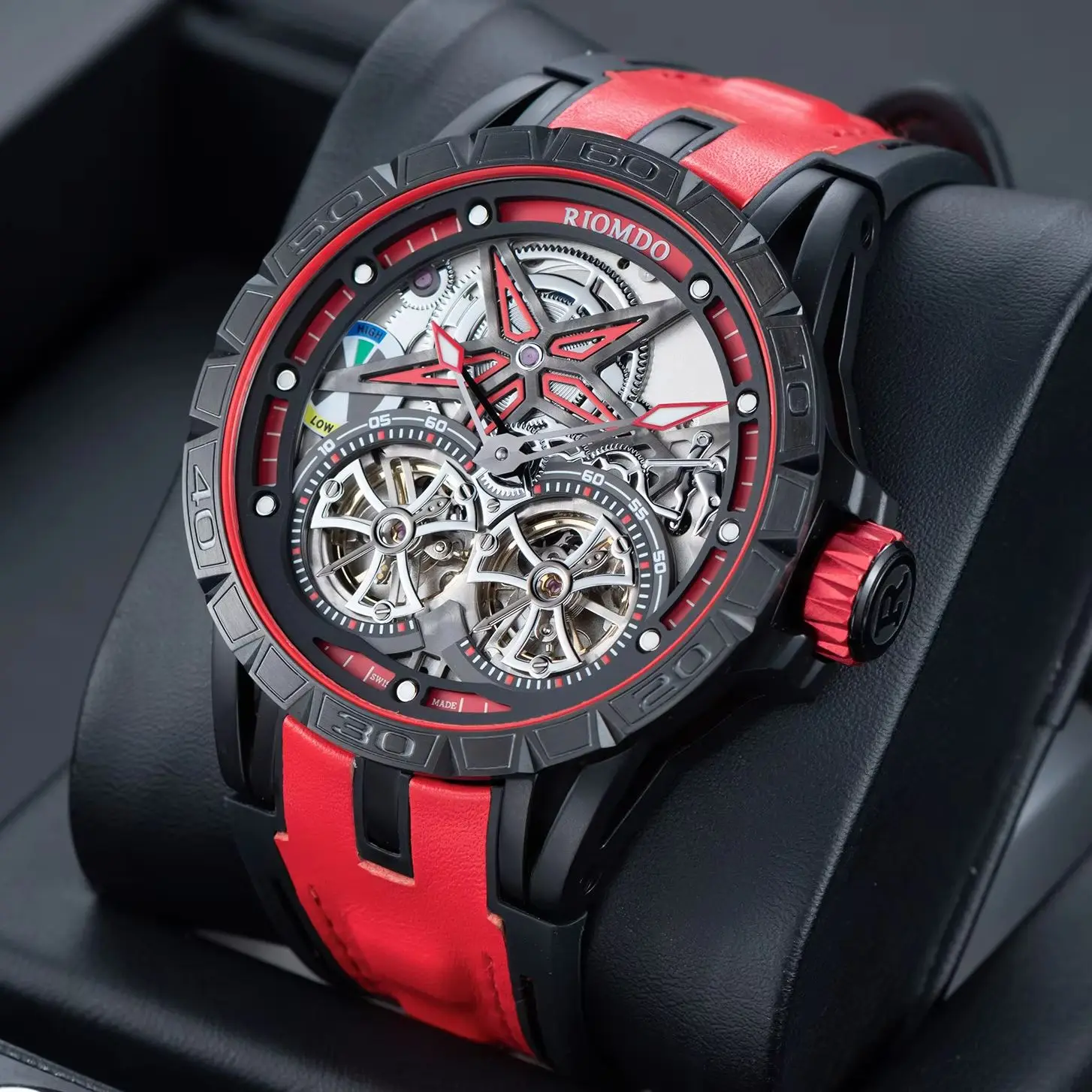 

OBLVLO Men Automatic Watch 46mm Mechanical Wristwatch Luminous Skeleton Dual Flyweel Dial 50M Waterproof Rubber Strap