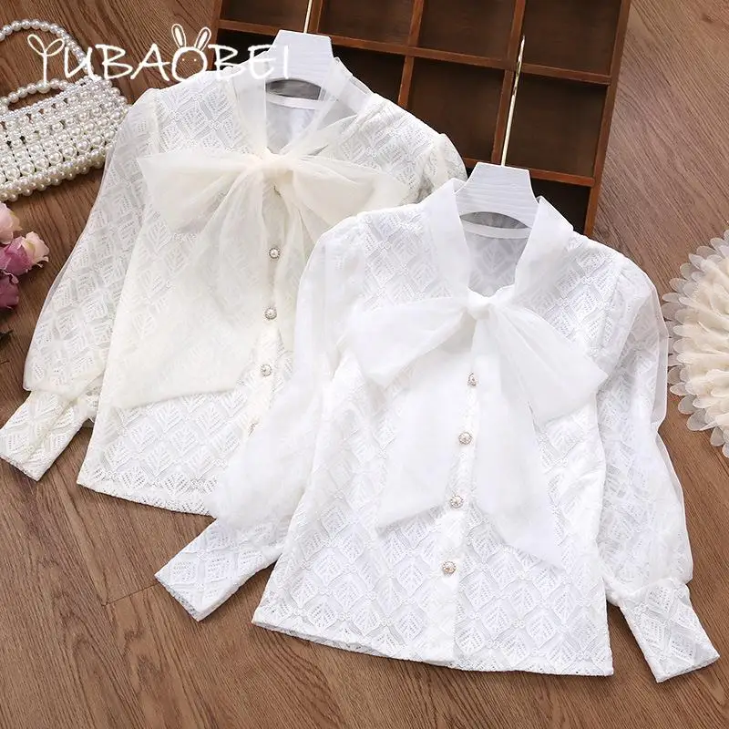 

Girls White Long Sleeved Blouse Kids Bottoming T-shirt Spring Children's Lace Blouse Cardigan Tops Autumn Children's Clothing