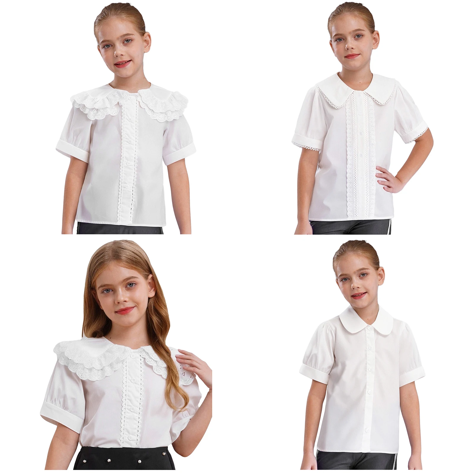 Girls White Color School Shirts Cute Lace Trim Short Sleeves Button Top for Wedding Birthday Party Vacation Picnic
