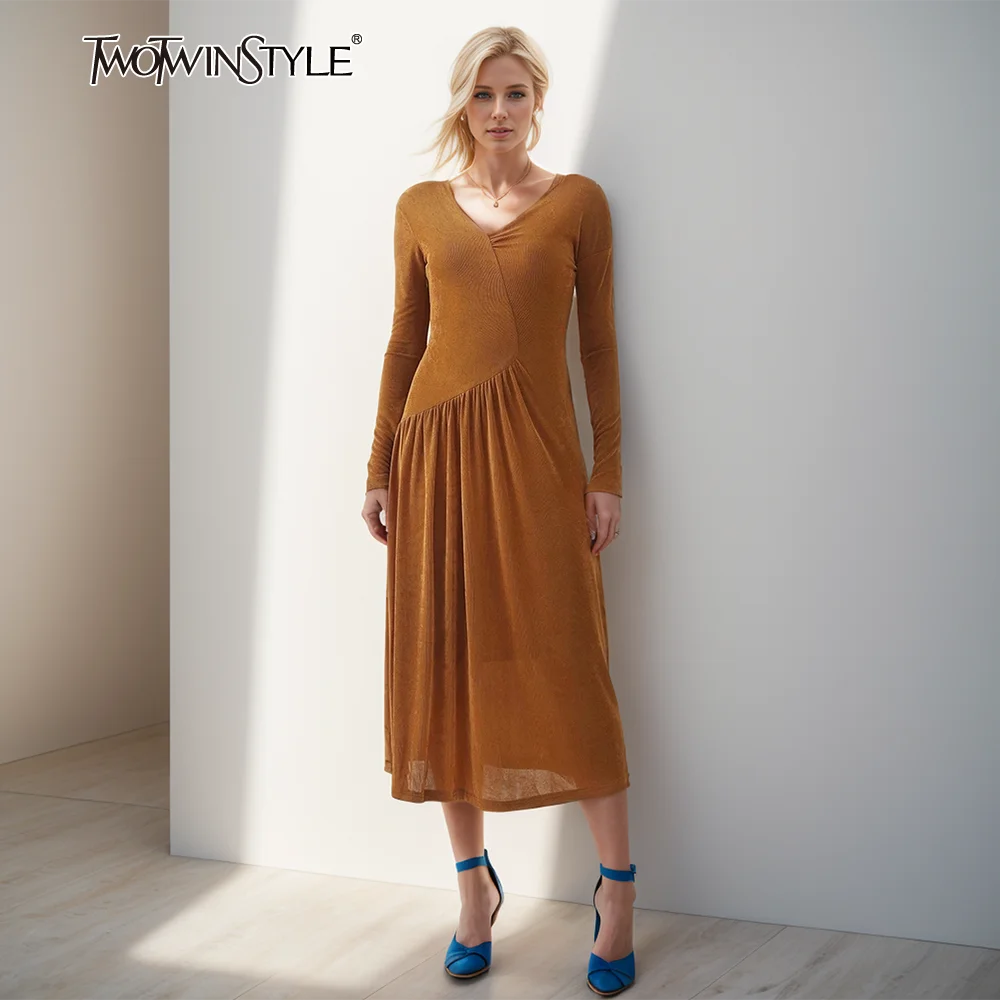 

TWOTWINSTYLE Solid Patchwork Folds Dress For Women V Neck Long Sleeve High Waist Elegant Slimming Dresses Female Fashion Style