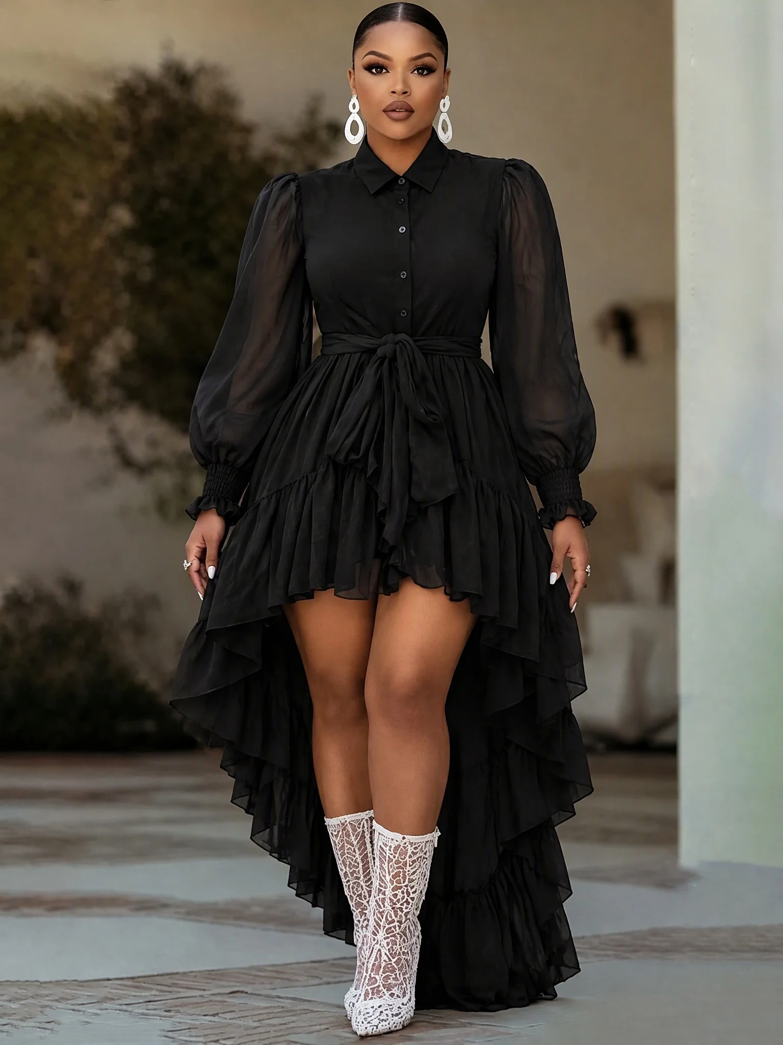 Plus Size Women Black Button Front Shirt Dress Elegant Lapel Long Puff Sleeves Bow Belt A Line Sheer Ruffle Hem Party Dresses