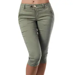 M 4XL Women Pencil Pants Solid Color Pocket Button Skinny Calf Length Summer Slim fitting Stretchy Ladies Pants